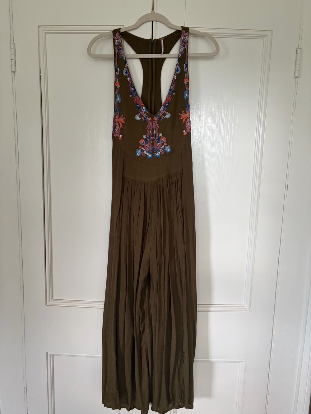 Free People Olive Green Embroidered V-Neck Wide Leg Jumpsuit